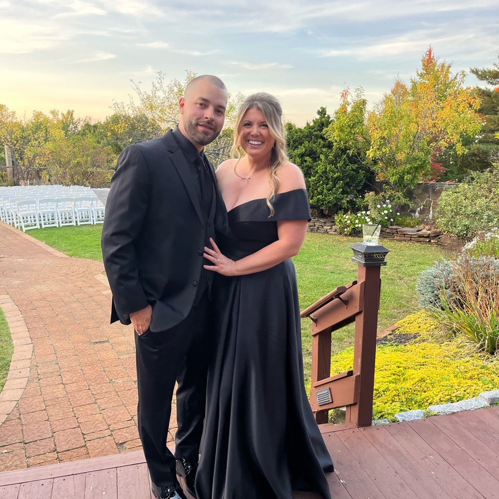 A-line Off the Shoulder Floor-Length Satin Bridesmaid Dress. Black. Worn once.